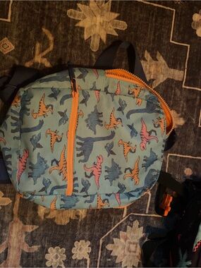 Kids' Dino Print Crossbody Bag in Teal with Orange Trim
